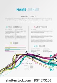 Creative simple CV template with colorful music tunes and lines.