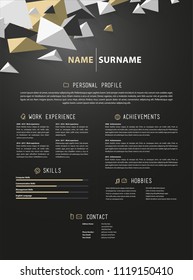 Creative simple cv template with golden, gray polygon shapes.