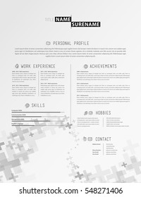 Creative simple cv template with grey plus signs in footer.