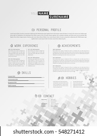 Creative simple cv template with grey plus signs in footer.