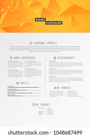 Creative simple cv template with orange triangles in header.