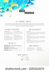 Creative simple cv template with polygonal triangle shapes.