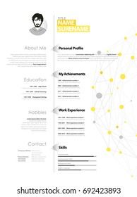 Creative simple cv template with yellow and grey circles and dots on web.