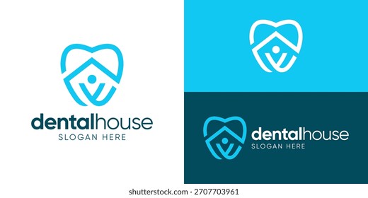 Creative simple dental house logo template. Teeth with home roofing and human person for dental clinic logo design vector illustration.