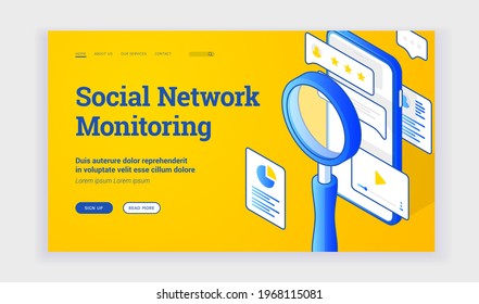 Creative simple design of web page banner with magnifying glass and mobile phone representing service of social network monitoring. Isometric web banner, landing page template