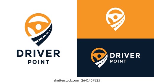 Creative simple driver point logo template. Steering wheel with road street highway logo design vector illustration.