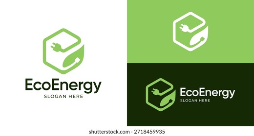 Plantilla de logotipo de energía ecológica simple creativa. Letra Abstractas E con forma hexagonal, Ilustración vectorial de diseño de logotipo de cable de enchufe de hoja.
