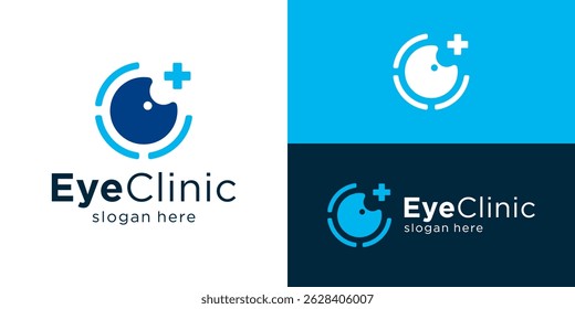 Modelo de logotipo da clínica de olhos simples criativa. Bola ocular com símbolo de mais para ilustrações de vetor de design de logotipo de cuidado óptico.