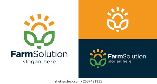 Creative simple farm solution logo template. Farmland with light bulb or sun for Agricultural innovation logo design vector illustration.