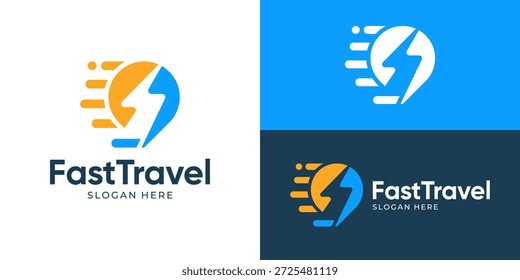 Creative simple fast travel logo template. Pin map point with fast symbol logo design vector illustration.