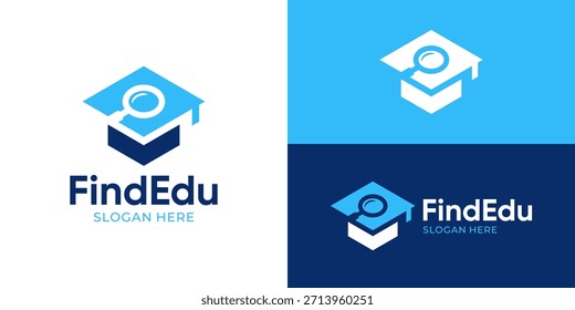 Creative simple find education logo template. Graduation cap with magnifying glass symbol, Search university logo design vector illustration.