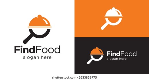 Creative simple find food logo template. Magnifying glass with close serving for Restaurant food logo design vector illustration.