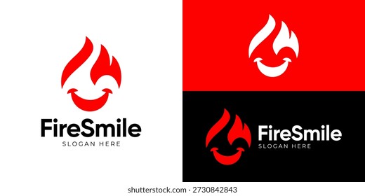Creative simple fire smile logo template. Happy face fire, flames smile logo design vector illustration.