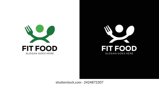 Creative Simple Fit Food Logo. Menschen und Löffel Gabel mit minimalistischem Stil. Diet-Logo-Symbol-Vektor-Design-Vorlage.