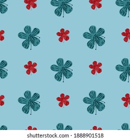 Creative simple flora seamless pattern with flowers. Red elements. Blue background. Perfect for wallpaper, textile, wrapping paper, fabric print. Vector illustration.