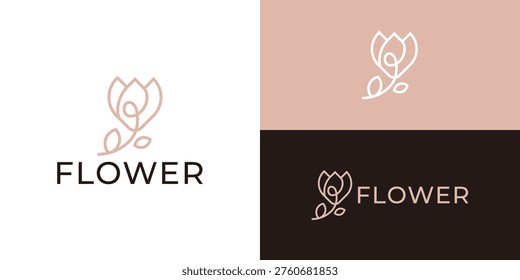 Creative simple flower logo template. Elegant linear premium symbol with shadow. Rose, tulip lower logo design vector illustration.