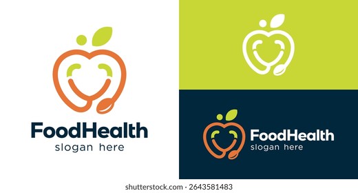 Creative simple food health logo template. Fresh food with stethoscope logo design vector illustration.