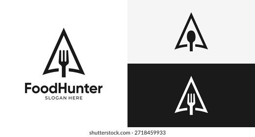 Modelo de logotipo criativo simples caçador de alimentos. Ponta de seta, ponta de lança com colher garfo comida caça logotipo design vetor ilustração.