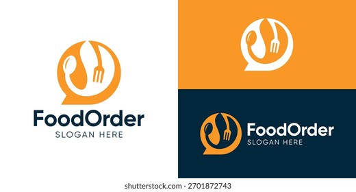 Creative simple food order logo template. Fork spoon leaf with bubble chat symbol for online food logo design vector illustration.