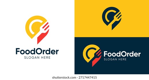 Creative einfache Lebensmittel Bestellung Logo Vorlage. Lagezeichen mit Gabel-Logo-Design, Vektorgrafik.