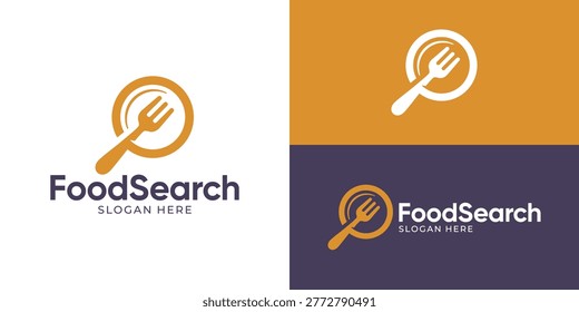 Creative simple food search logo template. Magnifying glass with fork symbol for find food logo design vector illustration.