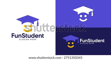 Creative simple fun student logo template. Graduation hat with smiling face person logo design vector illustration.