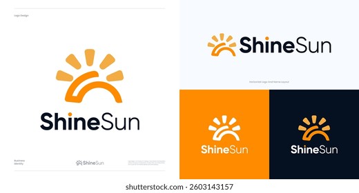 Creative simple geometric half sun vector design template element for business and identity, Modern minimal sunburst logo icon design, Sun with letter S, Symbol sun bright for solar energy and nature.