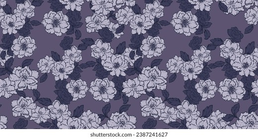 Creative simple grey flowers tapestry seamless pattern.  Blooming floral dark background print. Vector hand drawn. Template for design