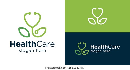 Creative simple health care logo template. Stethoscope with tree leaf for Medical clinic logo design vector illustration.
