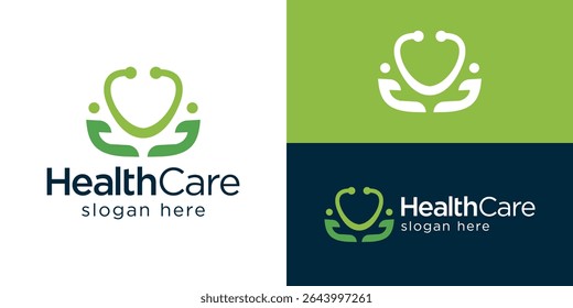 Creative simple health care logo template. Stethoscope hand for Medical clinic logo design vector illustration.