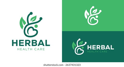 Creative simple herbal health care logo template. Stethoscope with leaf and love shape logo design vector illustration.