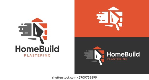 Kreative einfache Startseite bauen Logo-Vorlage. Kelle mit Lagen Ziegel, Gips Logo Design Vektorgrafik.