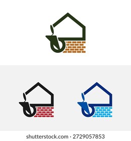 Creative simple home build logo template. Trowel with layers brick, Plastering logo design vector illustration.