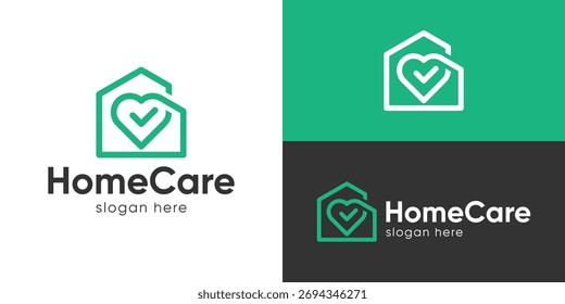 Creative simple home care logo template. Home house or hospital with love shape and checkmark for Medical clinic logo design vector illustration.