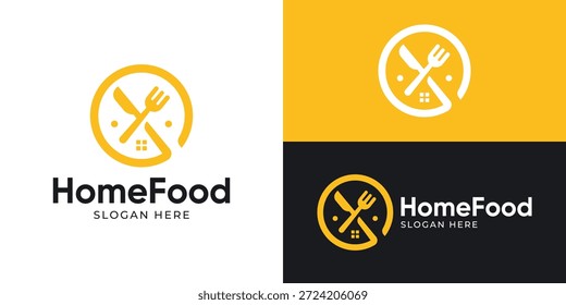Creative simple home food logo template. Abstract home with knife and fork symbol, Home kitchen logo design vector illustration.