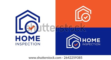 Creative simple home inspection logo template. Home, house with magnifying glass and check mark logo design vector illustration.