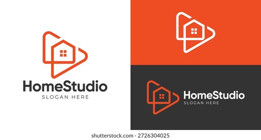 Plantilla de logotipo de estudio casero simple creativa. Juega al Botón con la casa para la Ilustración vectorial de diseño de logotipo de producción en el hogar.