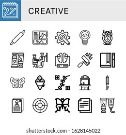 creative simple icons set. Contains such icons as Sketchbook, Rolling pin, Layout, Content, Idea, Owl, Paint tube, Development, Brain, Paint roller, can be used for web, mobile and logo