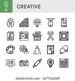 creative simple icons set. Contains such icons as Lamp, Lightbulb, Wall, Innovation, Claw machine, Sketchbook, Resume, Color picker, Typewriter, can be used for web, mobile and logo