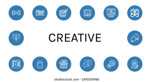 creative simple icons set. Contains such icons as Bone, Camera, Notes, Development, Rgb, Butterfly, Color picker, Idea, Typewriter, Creative, can be used for web, mobile and logo