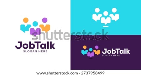 Creative simple job talk logo template. Person human people with bubble chat, teamwork, leadership partner logo design vector illustration.