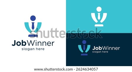 Creative simple job winner logo template. Abstract human, people, person symbol with trophy logo design vector illustration.