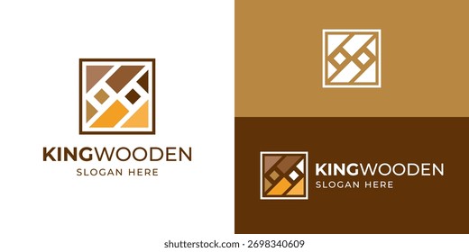 Creative simple king wooden logo template. Abstract crown with wood flooring logo design vector illustration.