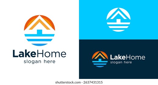 Creative simple lake home logo template. Minimalist home with water wave for River house logo design vector illustration.
