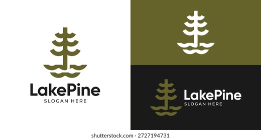 Creative simple lake pine logo template. Pine tree with wave lake water riverside logo design vector illustration.