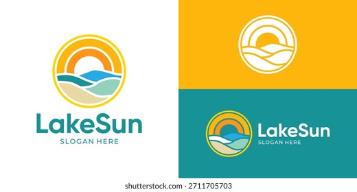Creative simple lake sun logo template. Landscape logo design vector illustration.