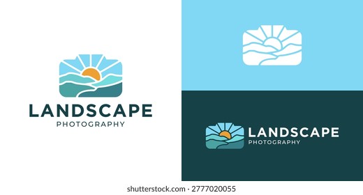 Creative simple landscape photography logo template. Mountain valley hills summit with camera symbol logo design vector illustration.