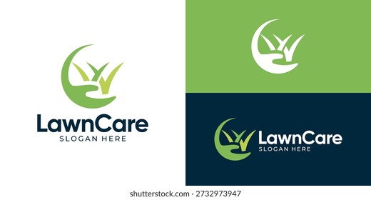 Plantilla creativa del logotipo del cuidado del césped simple. Mano con Ilustración vectorial de diseño de logotipo de césped.
