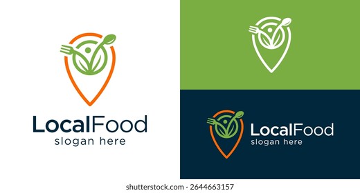 Creative simple local food logo template. Pin point map with fork spoon leaf logo design vector illustration.