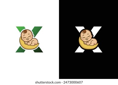 Diseño de logotipo simple creativo letra X sueño del bebé. Logo de la letra X con la Plantilla del ícono del sueño del bebé, ilustración del diseño del cuidado de niños.